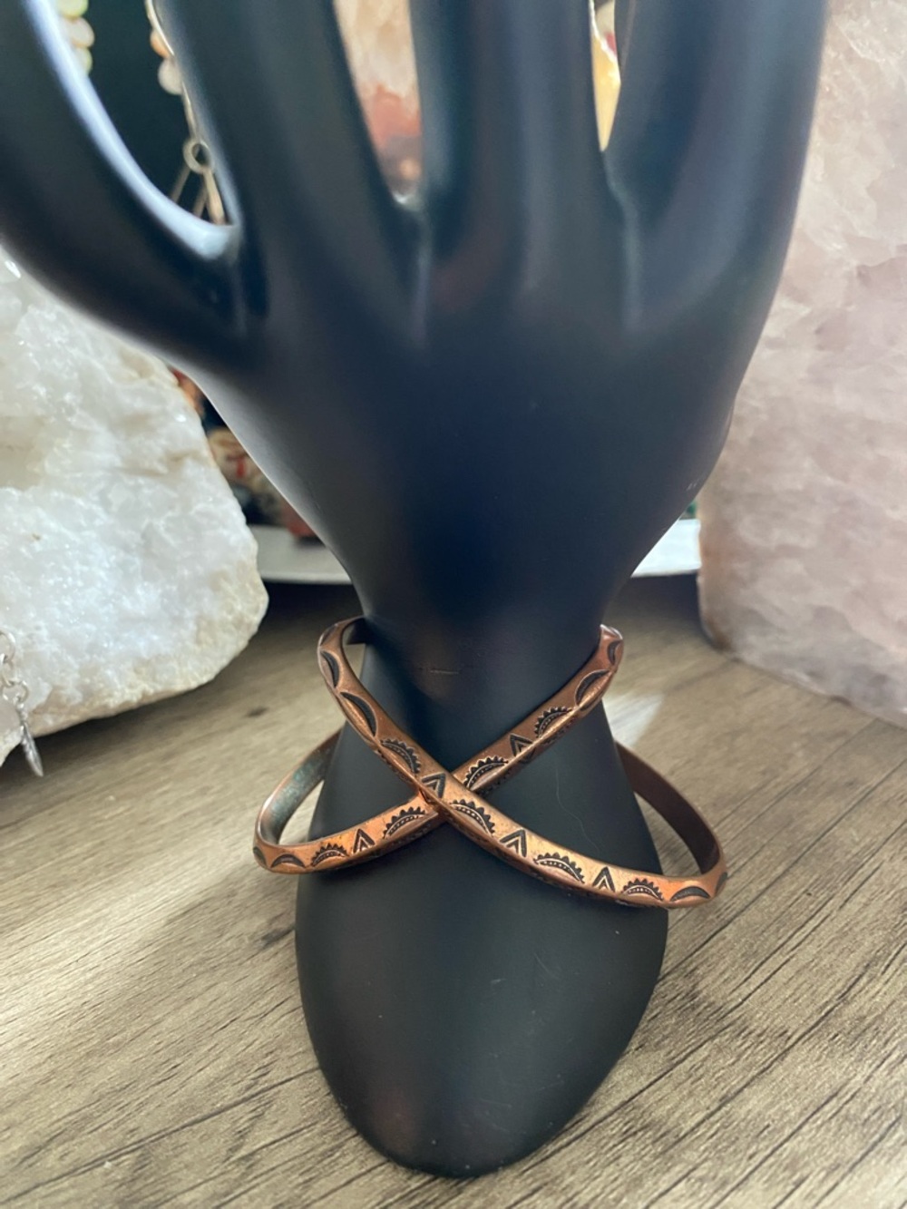 2 Vintage Copper Cuff Bracelet’s Hand Etched Signed Copper VSM? Pyramid Profile